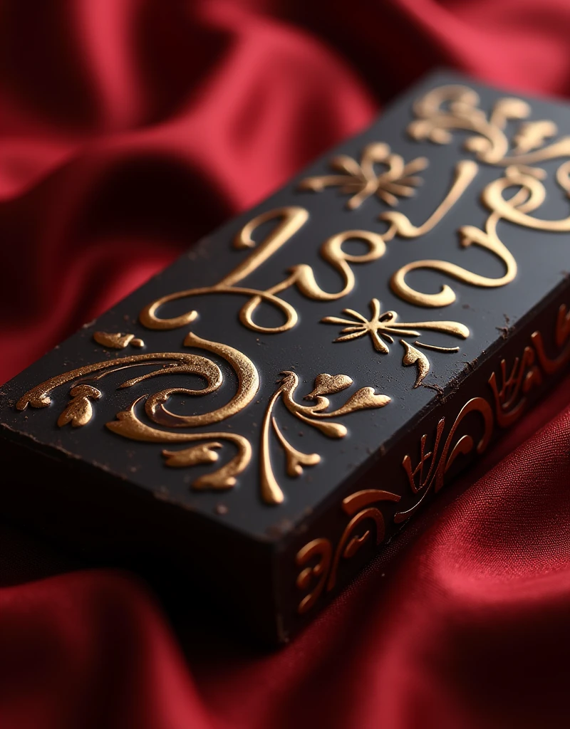 "Create an ultra-high-resolution image of an exotic, luxurious chocolate bar with the name 'LOVE SEX' elegantly embossed on the wrapper. The chocolate should have a rich, dark appearance with a subtle, enticing gloss that highlights its premium quality. The packaging must exude sensuality and sophistication, featuring deep, seductive colors like dark red, black, or gold, with intricate, finely detailed patterns or textures that evoke desire and fantasy. The design should be both provocative and classy, tailored to an adult audience, with every detail meticulously rendered for a visually striking, high-quality image."
