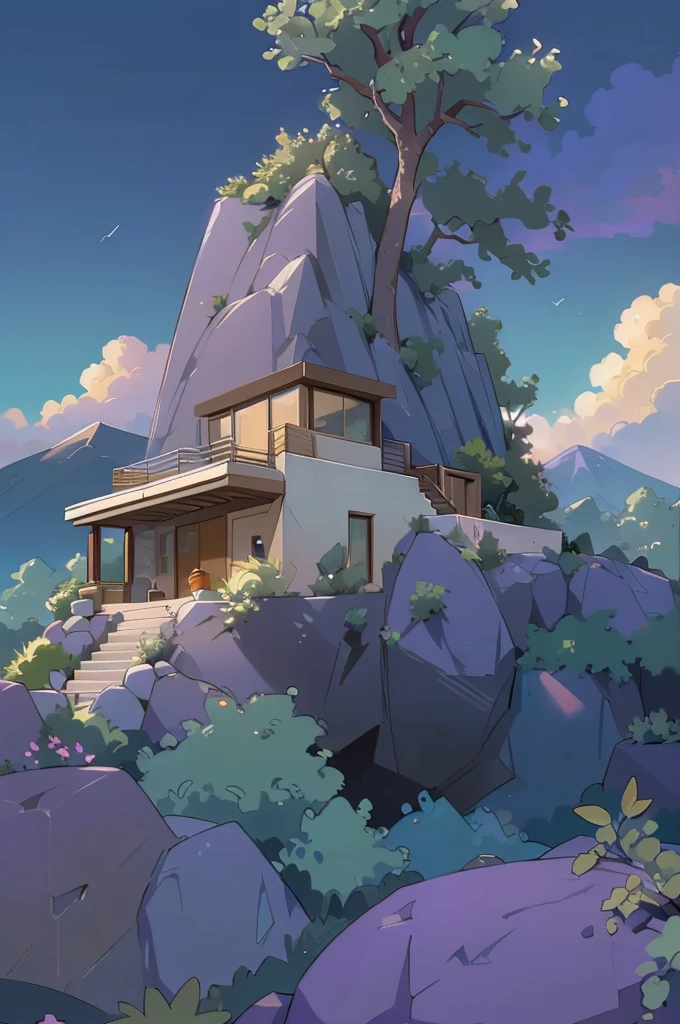 small and beautiful modern house in top of big boulders, terraces, pool, stairs, multiple cacti gardens, palms, trees, rocks, beautiful landscape design, mountains and volcano y background, amazing clouds, sun, moon, planets, milky way galaxy, concrete, wood, glass and steel materials, olive green, violet, orange and withe colors in facade
