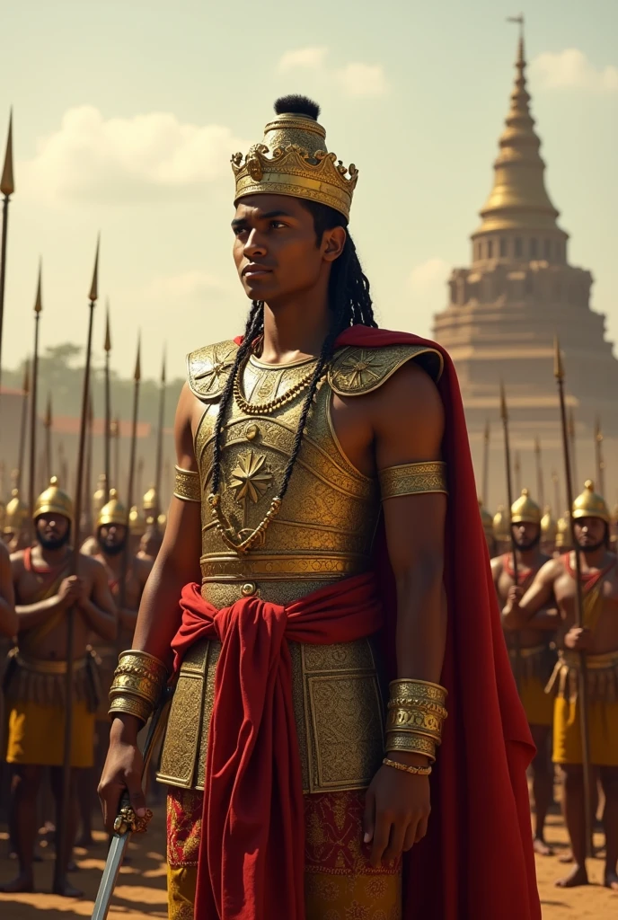 Dutugemunu Preparing for Battle
Scene: A young King Dutugemunu stands in full armor, ready for battle. He wears a traditional Sri Lankan warrior’s outfit, complete with a golden crown, ornate chest armor, and a sword at his side. Around him, his soldiers, armed with spears and shields, are assembled in a formation, prepared to march. The background shows the ancient city of Anuradhapura, with its large stupa visible in the distance, symbolizing the king’s resolve to unite the island.