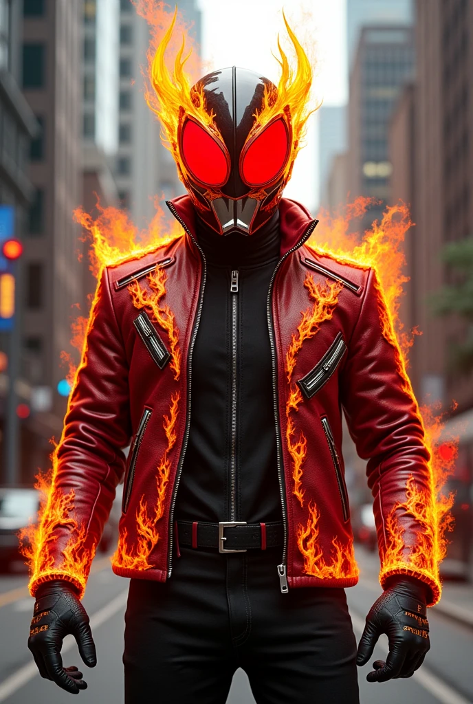 Kamen rider with fire flame print biker jacket