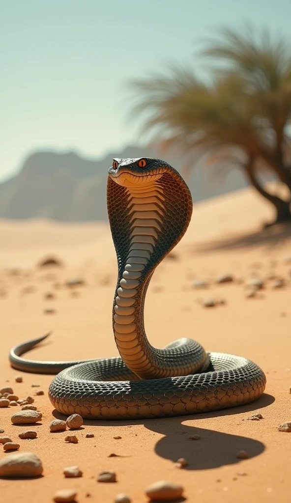 Create an image of a cobra in a desert-like environment with its hood spread wide in an aggressive stance. The snake is coiled on a dusty ground with pebbles scattered around. In the background, there is a blurred tree under a sunny sky.