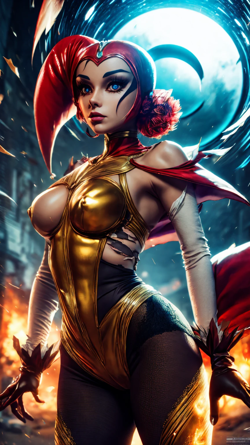 Harle (Chrono Cross), adult woman, slender acrobatic build, (medium bust), torn and ripped harlequin outfit, torn_high_cut_unitard, torn lacy leggings, torn clothes , fighting poses, full length portrait, (wide angle:1.32), dramatic lighting, cinematic composition, color harmony, ultra-detailed 90s anime style, hyper-detailed, detailed face, beautiful eyes, dimensional vortex in background, 8k, masterpiece, intricate clothing details, strong_negative, [[no bra]]