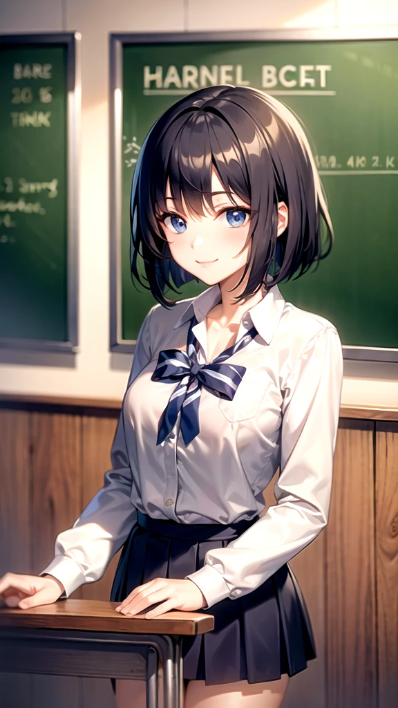 Top quality, ultramarine short bob high school girl, uniform, blue eyes, smile,School Meeting Room,student council