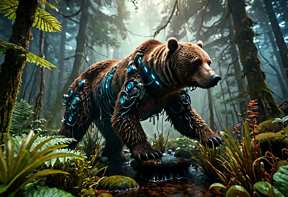 a robotic brown bear, catching alien tentacle salmon, alien forest, hyperrealistic, 8k, highres, detailed, photorealistic, cinematic lighting, moody atmosphere, dramatic composition, vibrant colors, dynamic movement, intricate textures, advanced 3D rendering, volumetric fog, lush foliage, glowing mushrooms, surreal landscape, alien flora and fauna, intricate details, dramatic lighting, vibrant colors, cinematic framing, masterpiece
