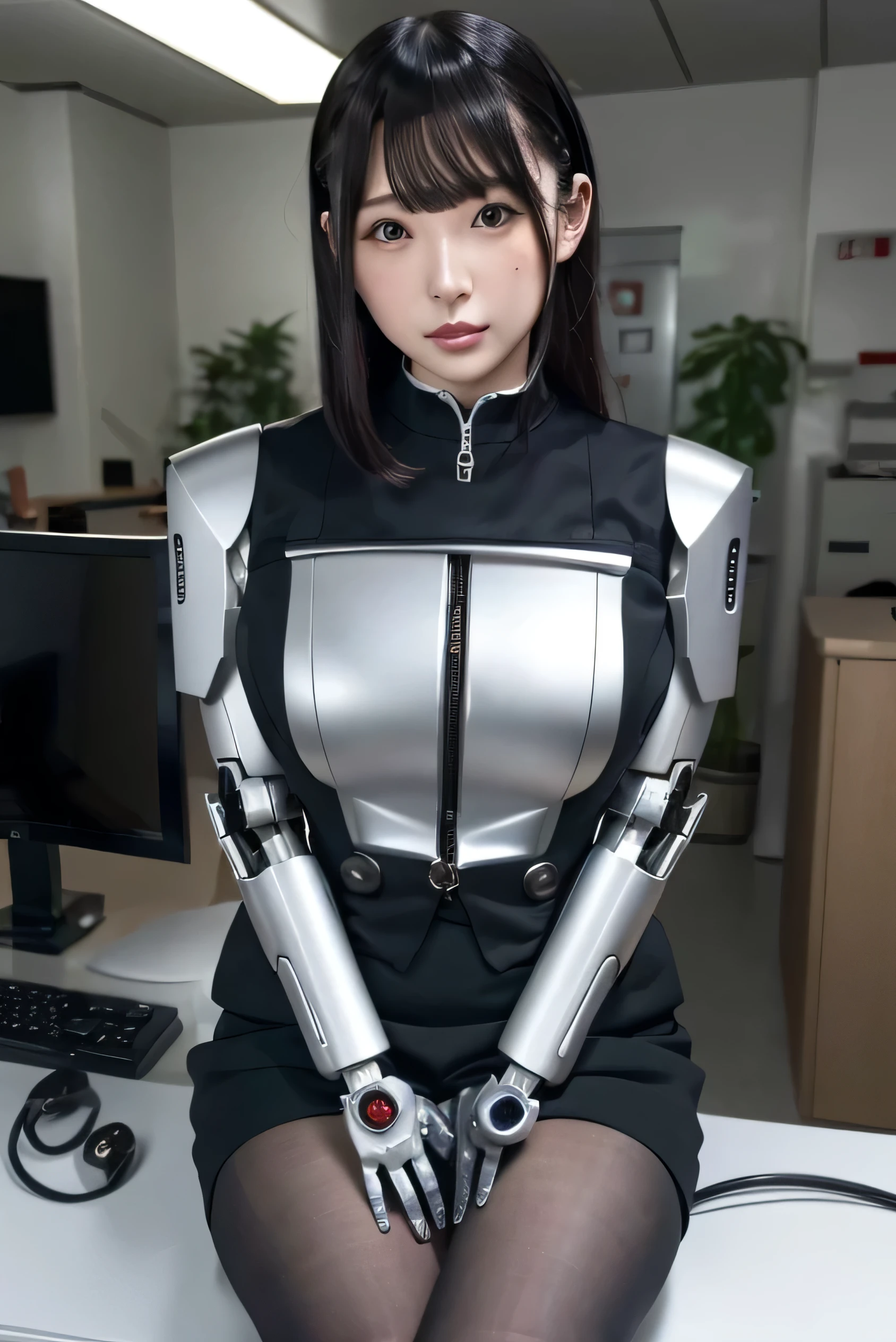 masterpiece, best quality, extremely detailed,  1girl in, Japaese Cyborg woman,Plump , control panels,android,Droid,Mechanical Hand, Robot arms and legs, Black Robot Parts,Black hair,Mechanical body,Blunt bangs,White robotics parts,perfect robot girl,future information counter,reception,long tube,thick cable connected her neck,ceramic body ,mechanical body,platform sneaker,android,robot,humanoid,cyborg,information office,japanese android receptionist ,mechanical chest,dark black tights,office-lady