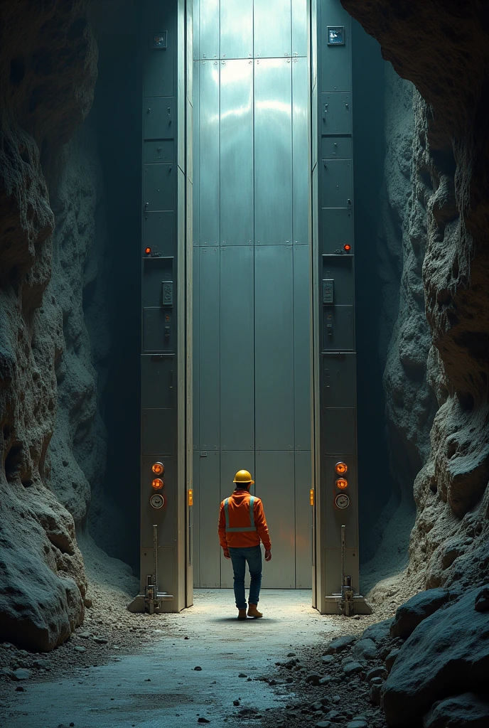 underground mine, man using modern elevator