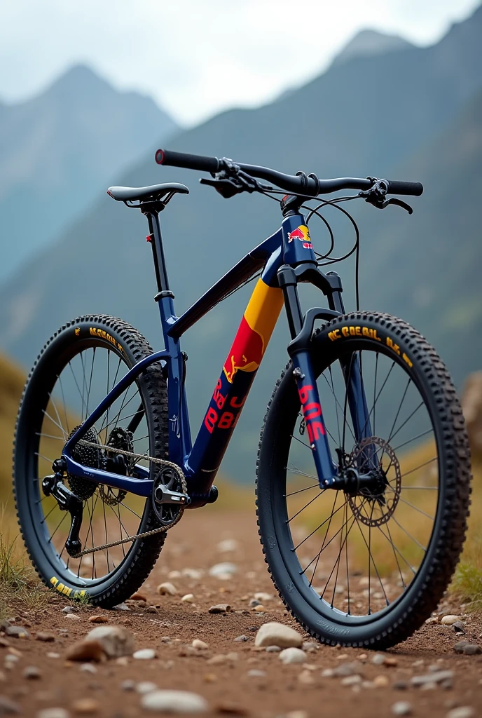 Classic mountain bike with Red Bull RB19 F1 design in dark blue, profile view