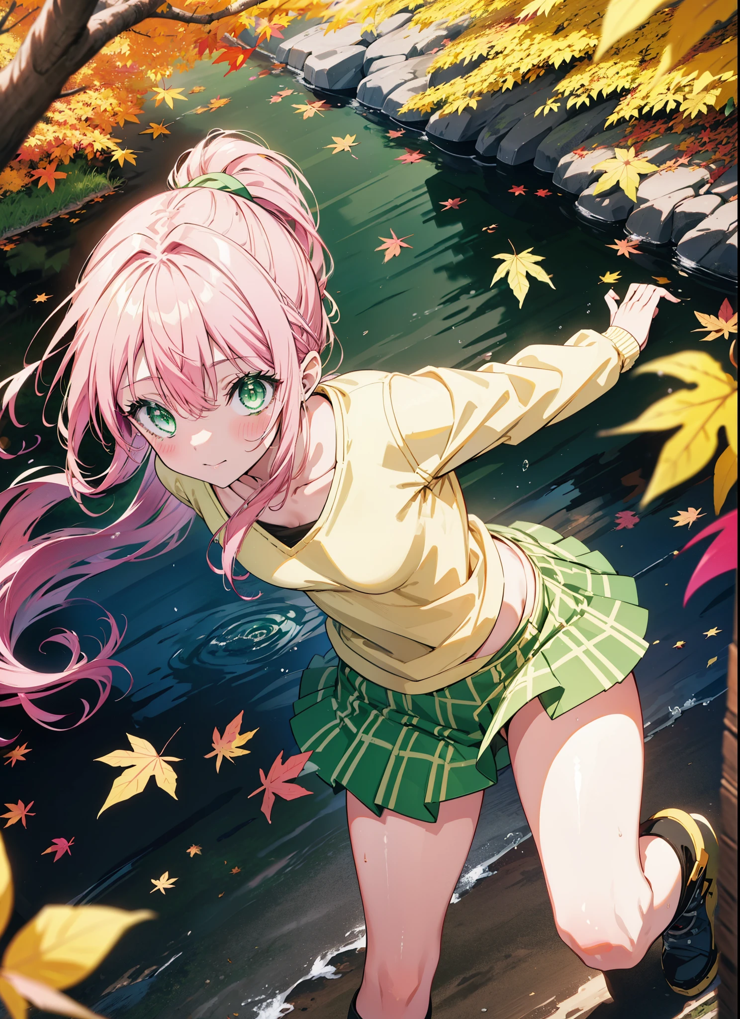 Laladevi Luke, Lara Deviluke, Long Hair, Pink Hair, tail, Ahoge, bangs, hair ornaments, (Green Eyes:1.5), smile,ponytail,Open your mouth,blush,
break demon tail, One-shoulder sweater,mini skirt,black tights, short boots,autumn leaves,autumn leavesが散っている,autumn leavesが積もっている,Daytime,Clear skies,whole bodyがイラストに入るように,
break outdoors, forest,
break looking at viewer, whole body,
break (masterpiece:1.2), Highest quality, High resolution, unity 8k wallpaper, (figure:0.8), (beautiful detailed eyes:1.6), extremely detailed face, Perfect lighting, extremely detailed CG, (Perfect hands, Perfect Anatomy),