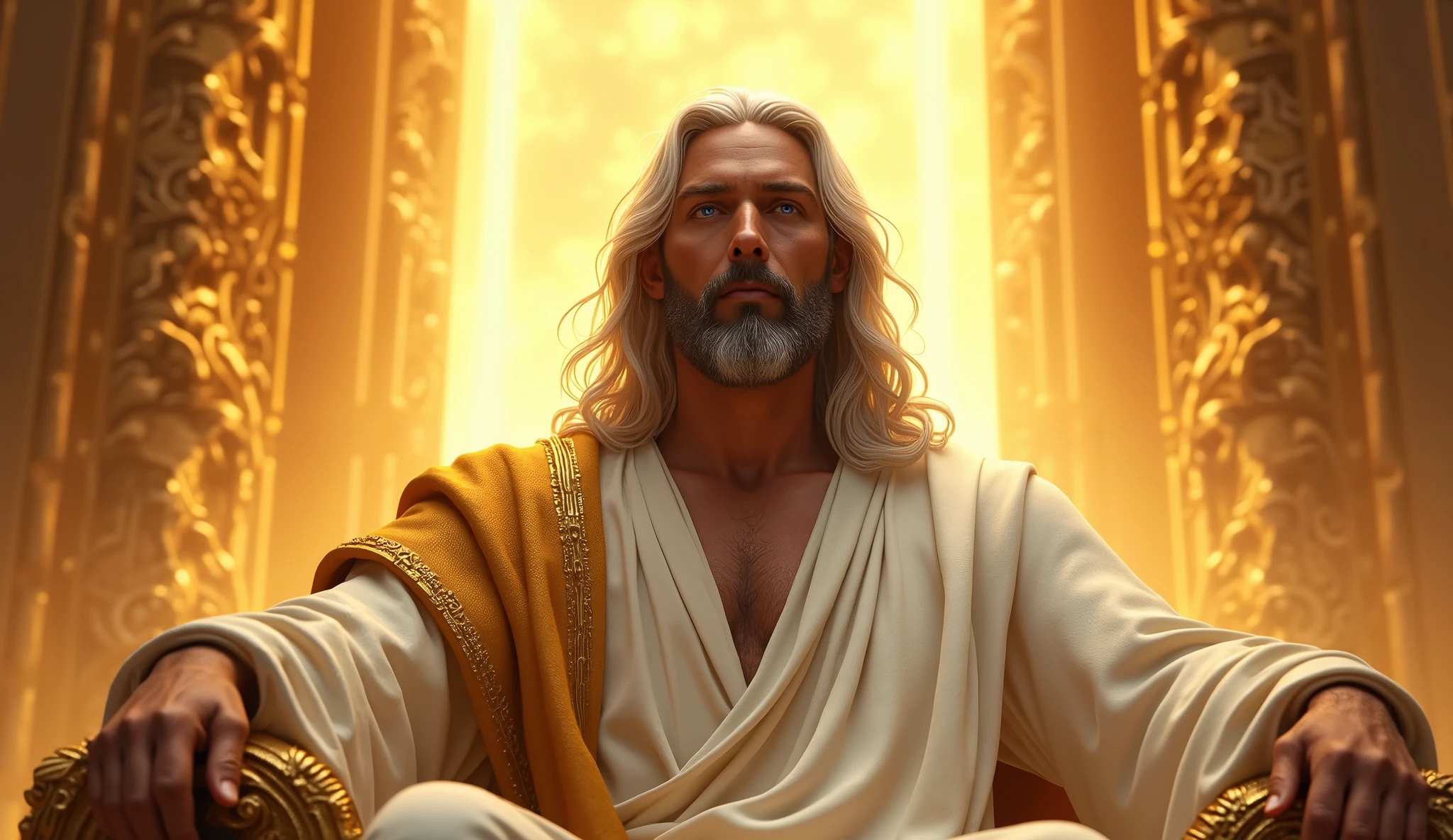 The Lord Jesus Christ mid 30s with long white hair, black beard, tanned skin, lavender color and blue eyes, extremely handsome, calm, white and gold robe, seated on a golden thrown at the right hand of His Father in Heaven, fiery golden light surrounds Him:: Masterpiece, realistic, detailed, style raw, 3D, 32K UHD resolution, --s 1000