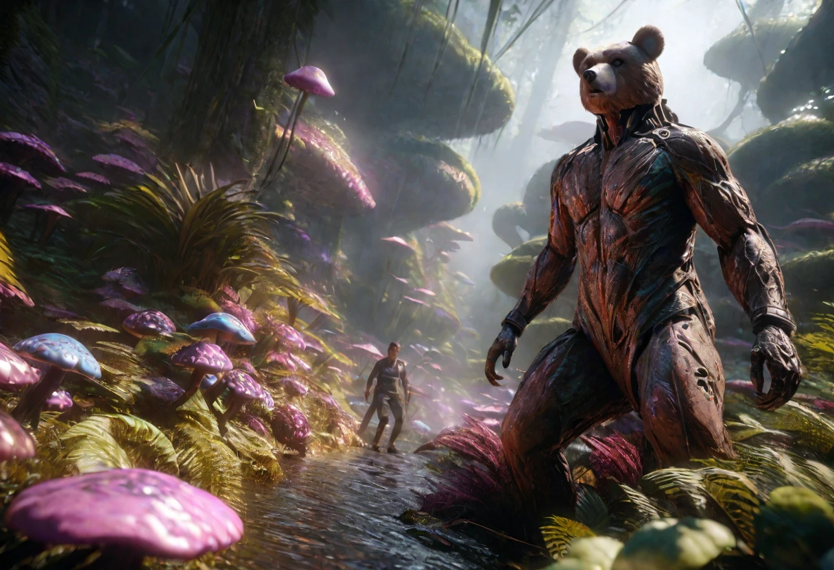 a robotic brown bear, catching alien tentacle salmon, alien forest, hyperrealistic, 8k, highres, detailed, photorealistic, cinematic lighting, moody atmosphere, dramatic composition, vibrant colors, dynamic movement, intricate textures, advanced 3D rendering, volumetric fog, lush foliage, glowing mushrooms, surreal landscape, alien flora and fauna, intricate details, dramatic lighting, vibrant colors, cinematic framing, masterpiece