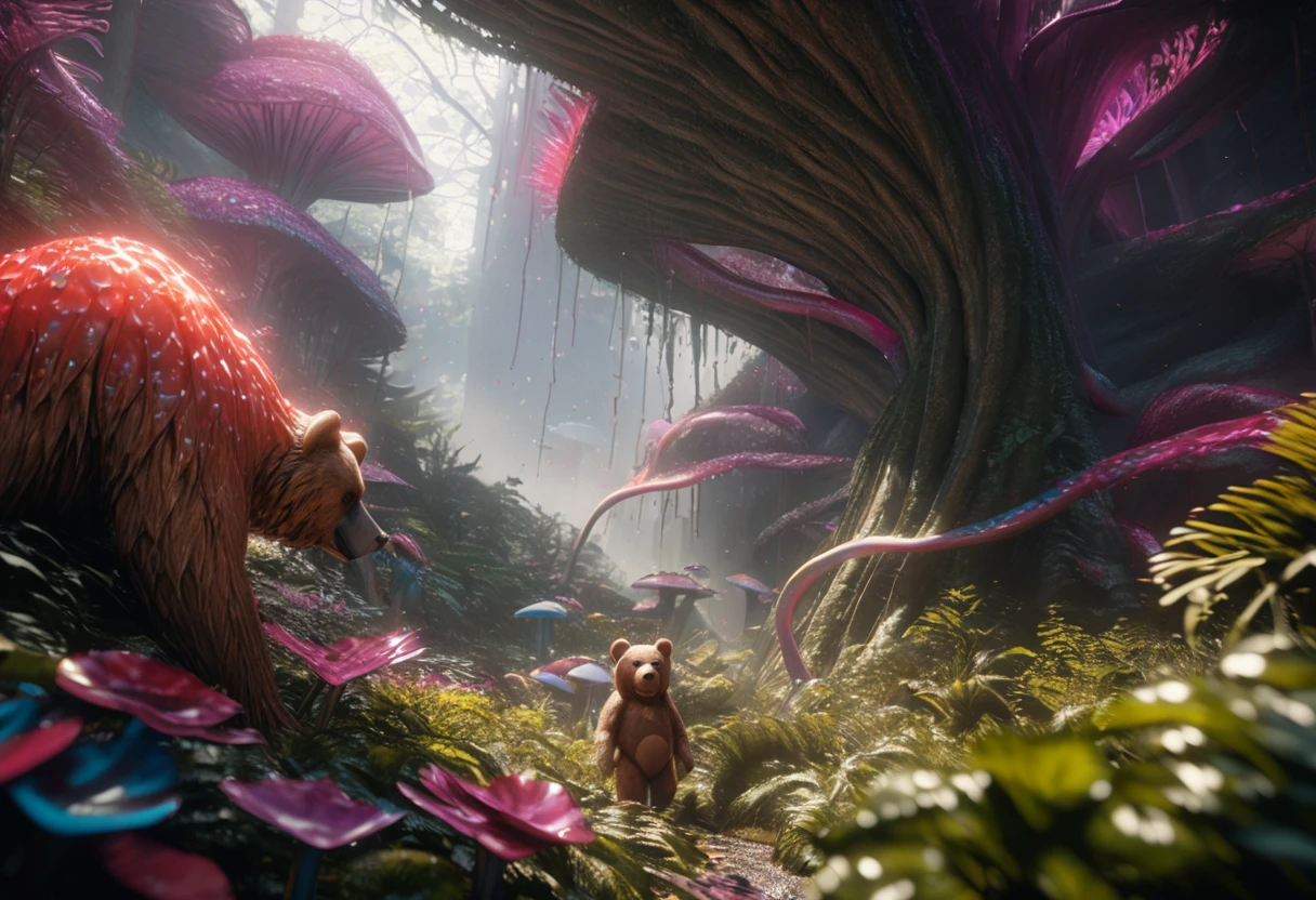 a robotic brown bear, catching alien tentacle salmon, alien forest, hyperrealistic, 8k, highres, detailed, photorealistic, cinematic lighting, moody atmosphere, dramatic composition, vibrant colors, dynamic movement, intricate textures, advanced 3D rendering, volumetric fog, lush foliage, glowing mushrooms, surreal landscape, alien flora and fauna, intricate details, dramatic lighting, vibrant colors, cinematic framing, masterpiece