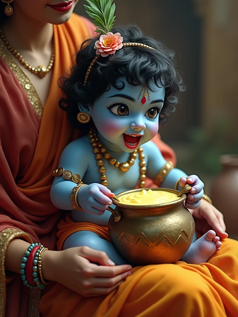Little lord Krishna with his mischievous smile, eating butter from a pot sitting in Yashoda's lap, blue skin, depth of field, ultra realistic