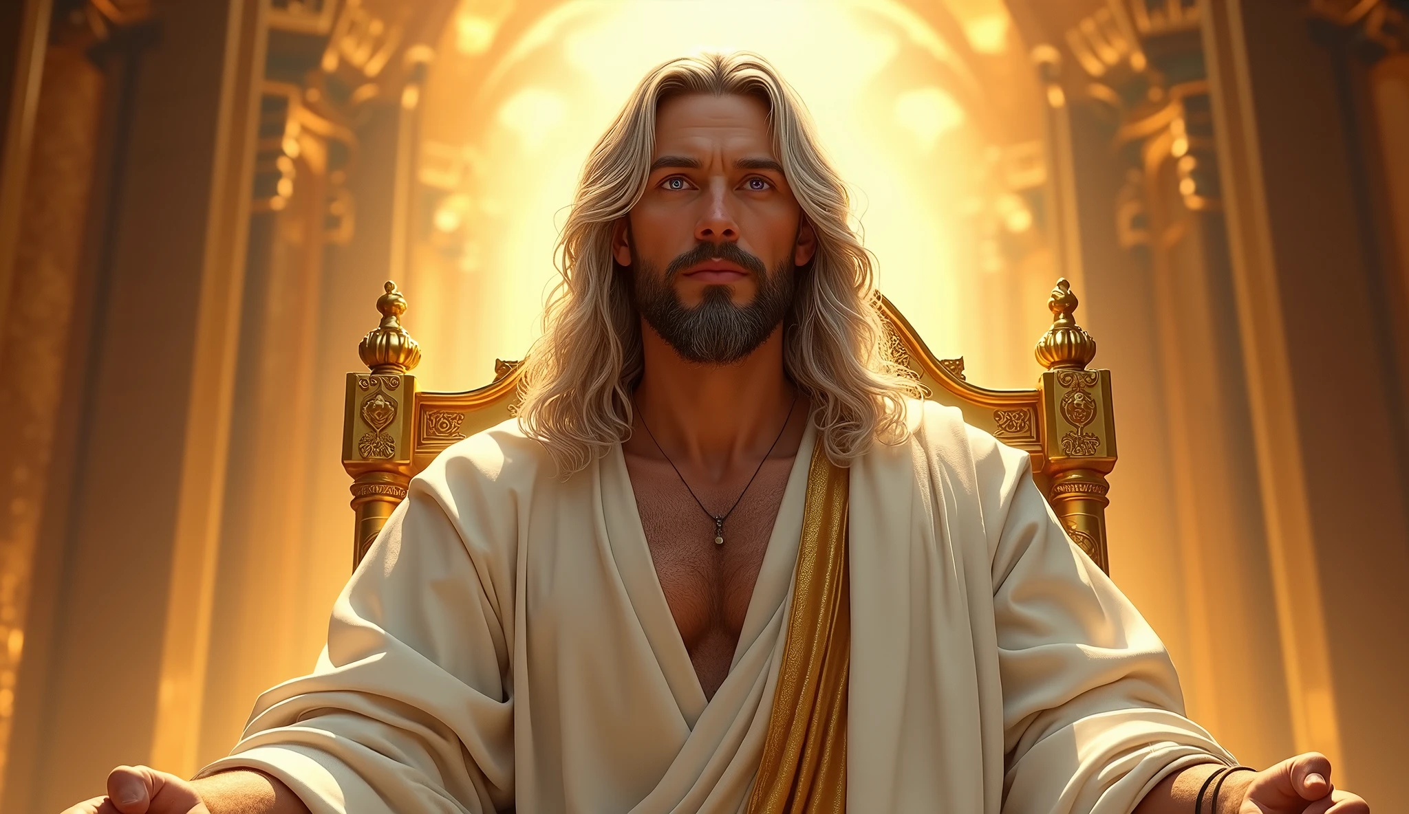 The Lord Jesus Christ mid 30s with long white hair, black beard, tanned skin, lavender color and blue eyes, extremely handsome, calm, white and gold robe, seated on a golden thrown at the right hand of His Father in Heaven, fiery golden light surrounds Him:: Masterpiece, realistic, detailed, style raw, 3D, 32K UHD resolution, --s 1000