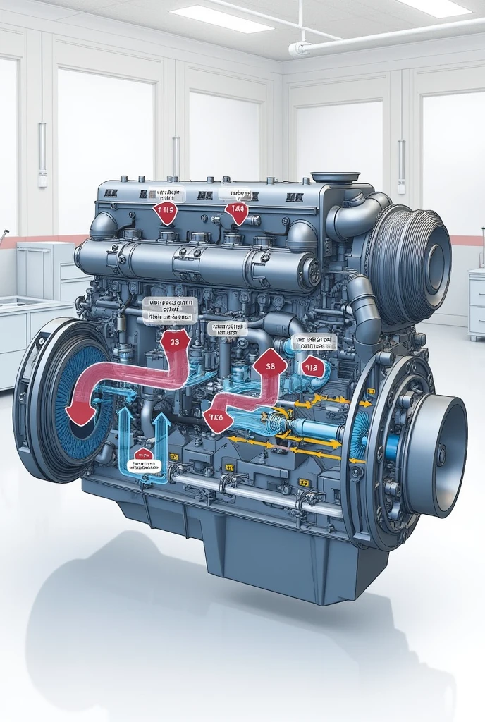 Monitoring the intake and exhaust system circuit on the assembled KTA38 engine, with arrows indicating where the air passes inside and outside
