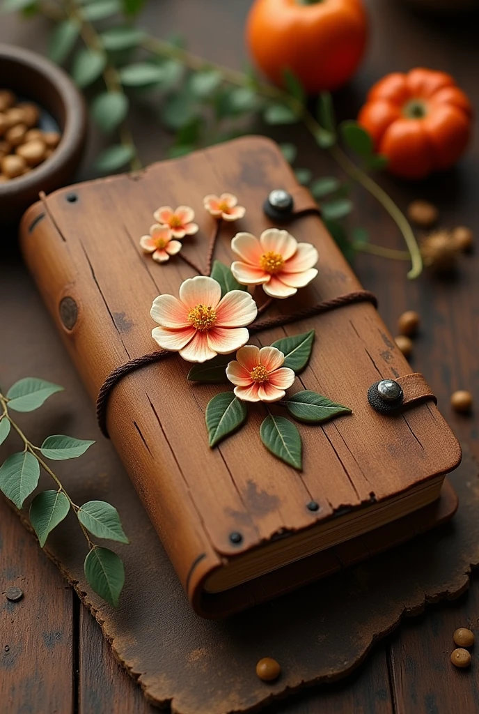 Vintage wood made diary with 3D small flowers