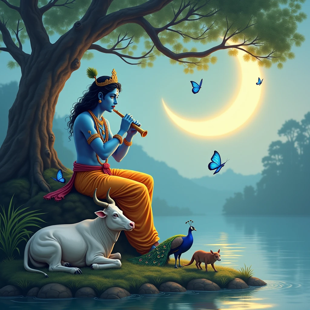 Krishna waiting waiting for Radha in the river side  sitting on the middle of the 
tree and sleep with 
cow 🐄 and peacock 🦚 with some blue butterflys 🦋 by playing flute  in the middle of the moon and light 
Only genrate the photo