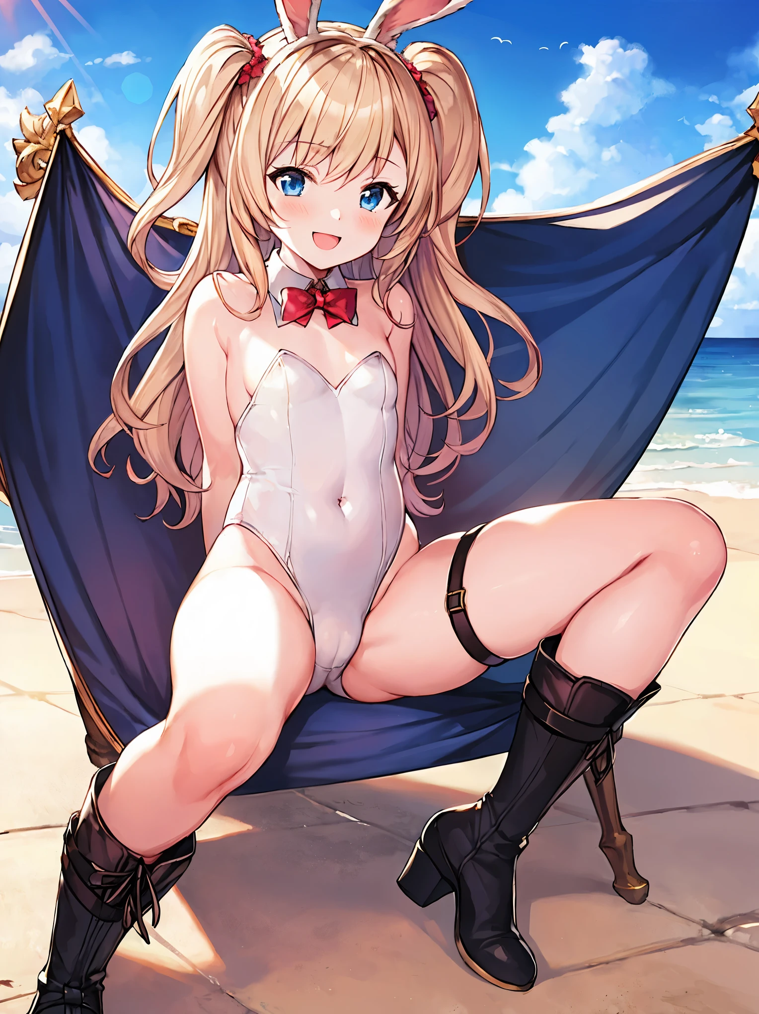 GRANBLUEfantasy,ung_teeirl,brown_hair,long_curly_hair,platina_blond_hair,white_leotard,covered_crotch,thigh-highs,smile,standing,bluesky_landscape_background,slightly_spread_legs,happiness, short_gloves ,solo, r18, navel,relicbuster,short,boots,open_mouth,sitting,knees,blush,shy,bunny_ears,solo.