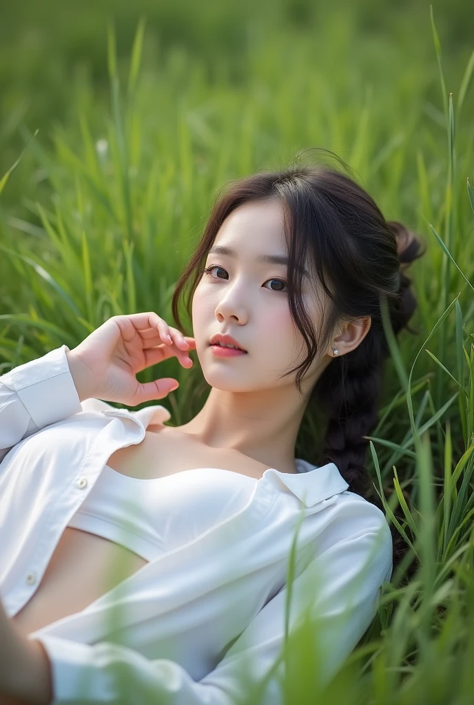 (Girl lying on her back in a shirt in an outdoor grass field。Underwear is slightly visible)professional lighting,squat,The cat is looking at me, making me want to take a picture..,Young woman with braided hair, White shirt open wide,rift,under bust,Cute Girl, Youthful and cute Korean face, young asian girl, beautiful girl, full body