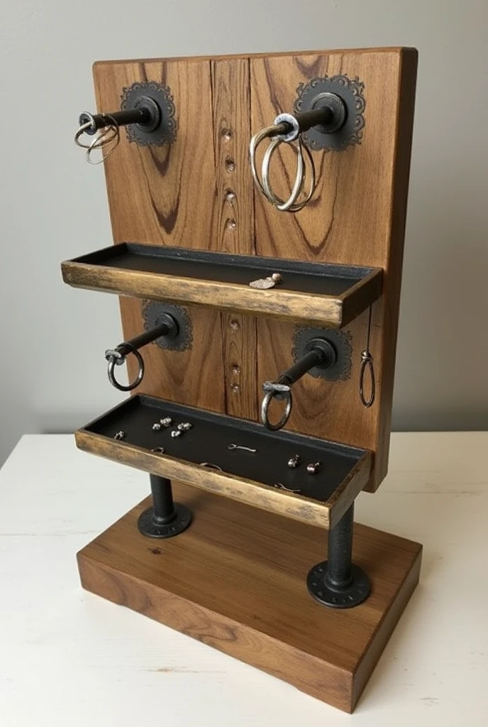 You can create a three-tiered wood and iron jewelry display for earrings with samples and an additional bracelet holder and an industrial touch with light ornaments and trays.
