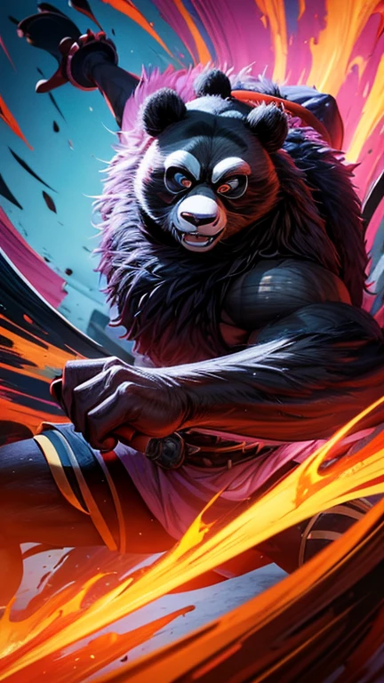 a 3D design of a kung fu panda character named po, donquixote doflamingo with his iconic glasses, dynamic action pose, highly detailed, hyperrealistic, 8k, studio lighting, masterpiece, intricate details, cinematic composition, dramatic lighting, vibrant colors, hyper-realistic textures, award-winning 3D character design