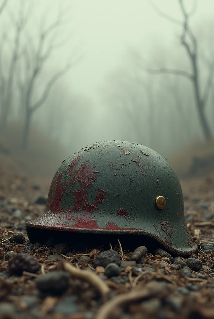 An artistic artwork of a bloodied and worn soldier's helmet lying on the ground