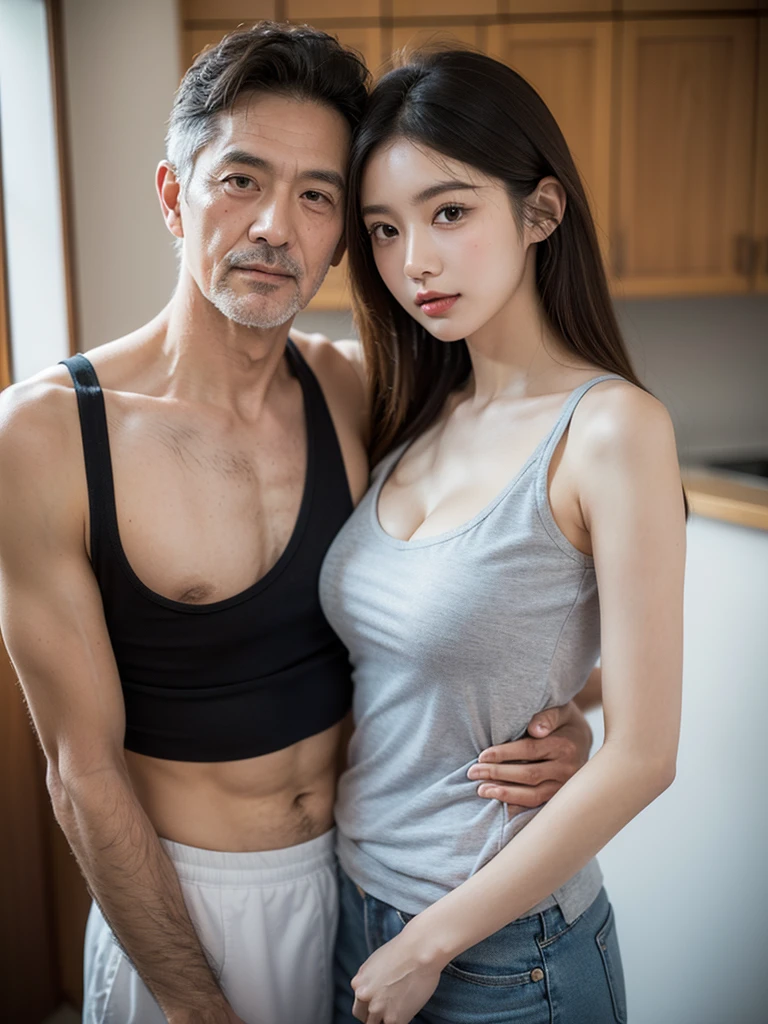 High resolution、High level image quality、high detail、masterpiece、realistic skin,、rough skitomically correct)、(two men and women standing together)、(( cute girl medium breasted woman_wearing a mini tanktop cleavage、7 Japanese male grandfather)）、((whole body_from head to foot))、one&#39;s home、Breast skin is not visible, smile
