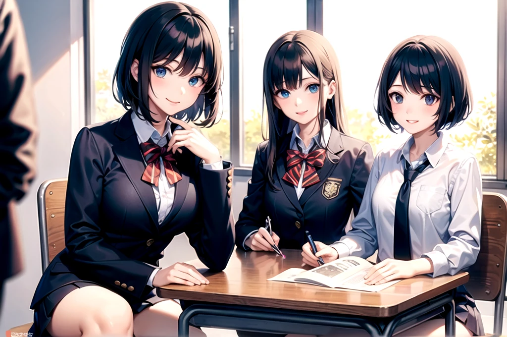 Top quality, ultramarine short bob high school girl, uniform, blue eyes, smile,School Meeting Room,student council