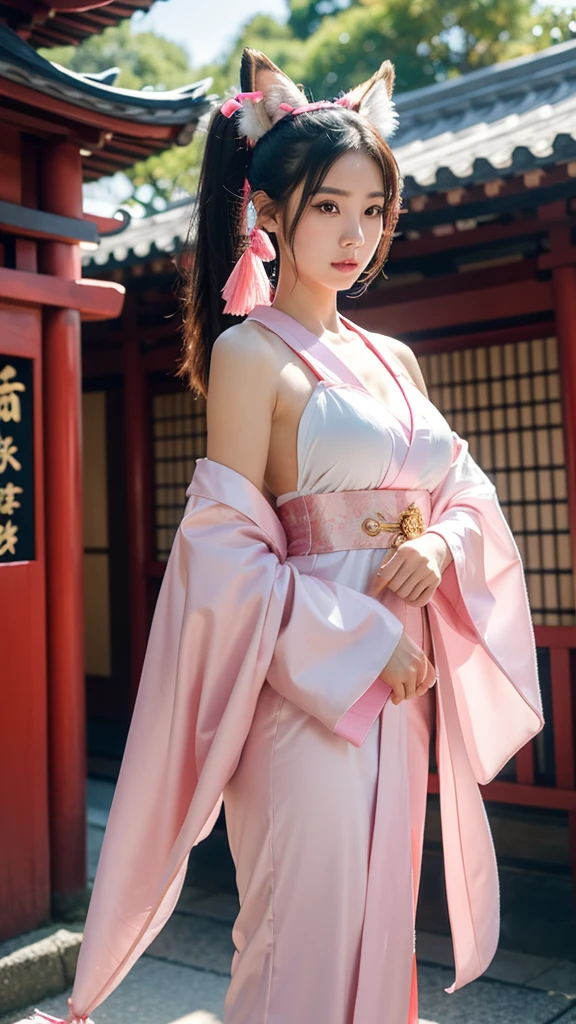 an oriental girl,Pink double ponytail long hair,Fox ears,bell headdress,Big breasts,Wearing Japanese Kimono,Chest bell jewelry,little foot bell jewelry,in front of buddhist temple,runner,4K