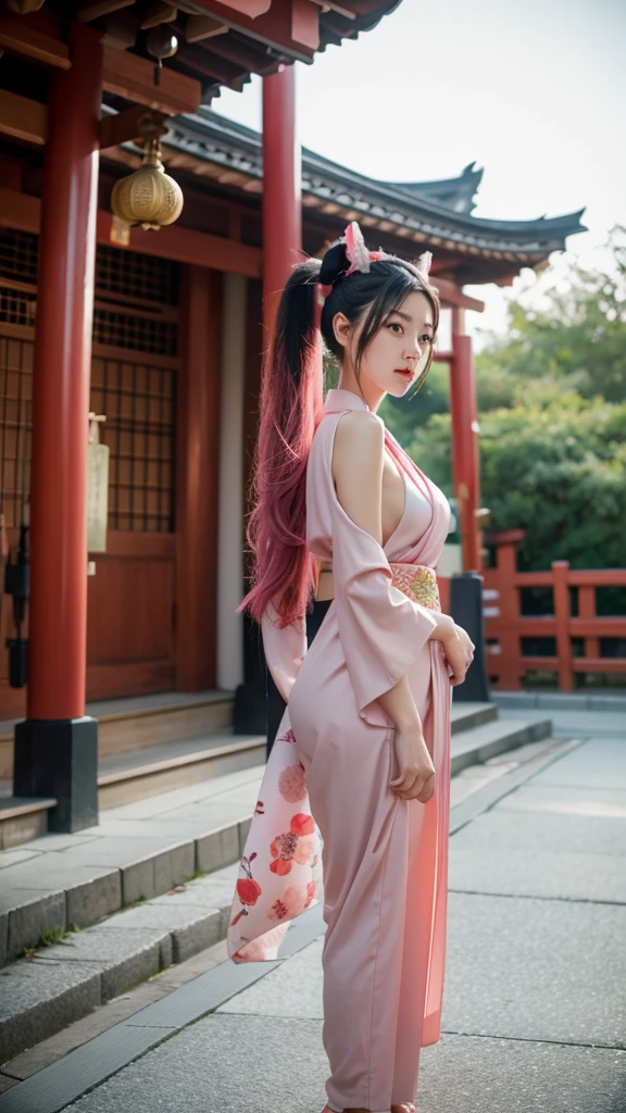 an oriental girl,Pink double ponytail long hair,Fox ears,bell headdress,Big breasts,Wearing Japanese Kimono,Chest bell jewelry,little foot bell jewelry,in front of buddhist temple,runner,4K