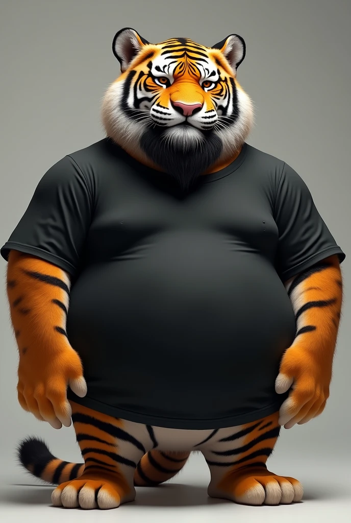Chubby tiger with short full beard and black t-shirt realistic image