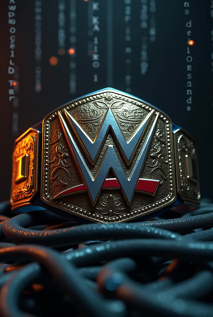 a detailed portrait of wwe world champion belt that says "Alpha C0ders" with a background of Python and JavaScript programming themes, highly detailed, photorealistic, cinematic lighting, dramatic composition, digital art