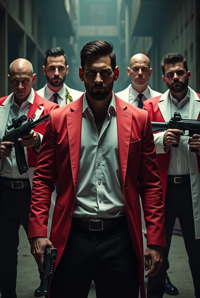 Messi is a gangster with many people and many guns in their hand.every people was wearing white and red dress
