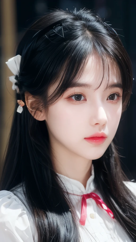 best quality, (Reality:1.2), 1 Girl, Solitary, Delicate face, Face Focus, permanent, Black Hair,(Hair accessories:1.35),Office female staff, Ribbon detail at sleeves, Separate sleeves, Ribbon trim, Wide sleeves, (Looking at the audience:1.5) Long hair, black eyes, Bangs, Lips,