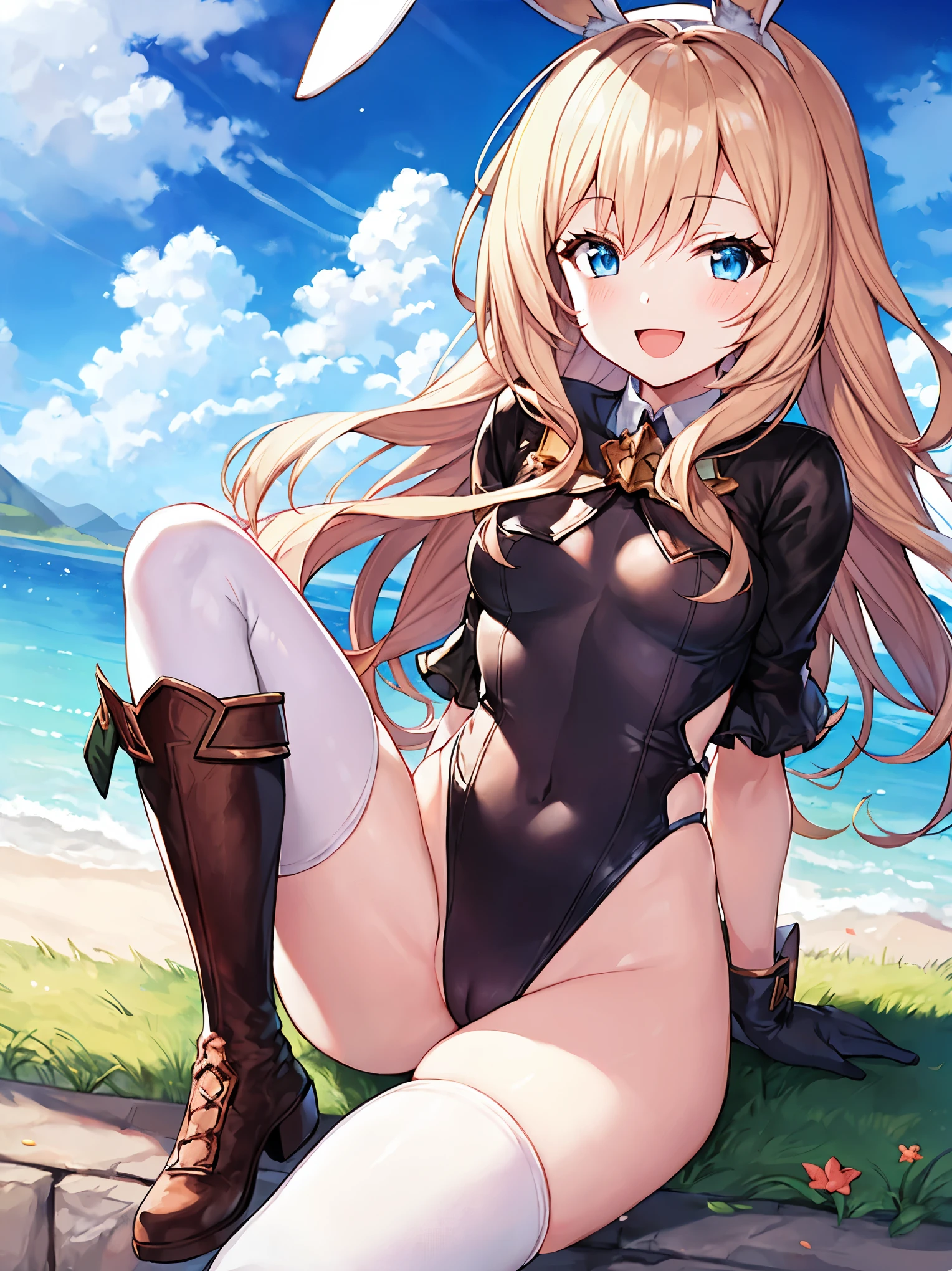 GRANBLUEfantasy,ung_teeirl,brown_hair,long_curly_hair,platina_blond_hair,white_leotard,covered_crotch,thigh-highs,smile,standing,bluesky_landscape_background,slightly_spread_legs,happiness, short_gloves ,solo, r18, navel,relicbuster,short,boots,open_mouth,sitting,knees,blush,shy,bunny_ears,solo.