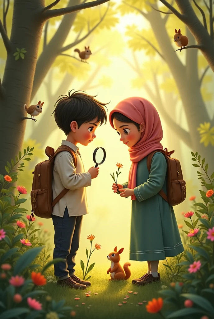 the situation in the forest lit by sunlight, there is a male Muslim school child and a female school child wearing a swedang hijab looking for rare plants with a magnifying glass, behind them there are various small forest animals looking at them