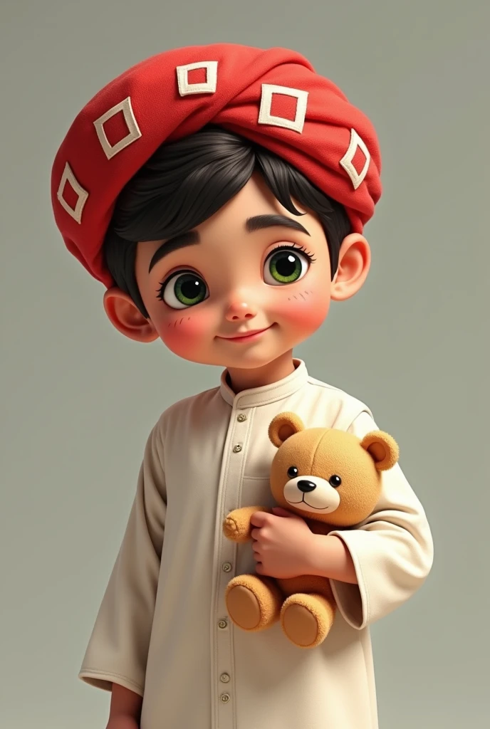 Teddy bear boy with red turban with white squares and white Arab robe with green eyes and thick black eyebrows