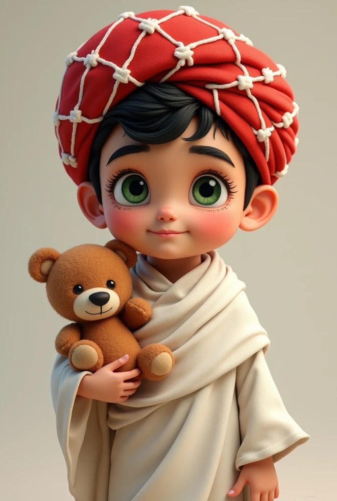 Teddy bear boy with red turban with white squares and white Arab robe with green eyes and thick black eyebrows