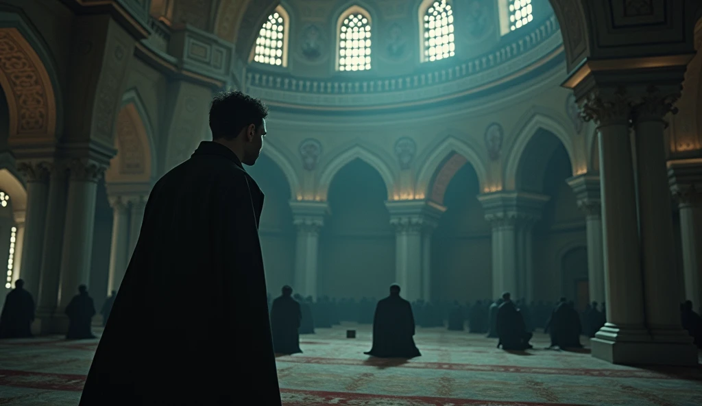 (Horror story title: Forbidden secret in the mosque dome)
**Scene 4: Hasan Observes Ustaz Malik**
- Hasan was in the mosque, watching Ustaz Malik from a distance while he was praying in congregation. Hasan's face was full of curiosity.