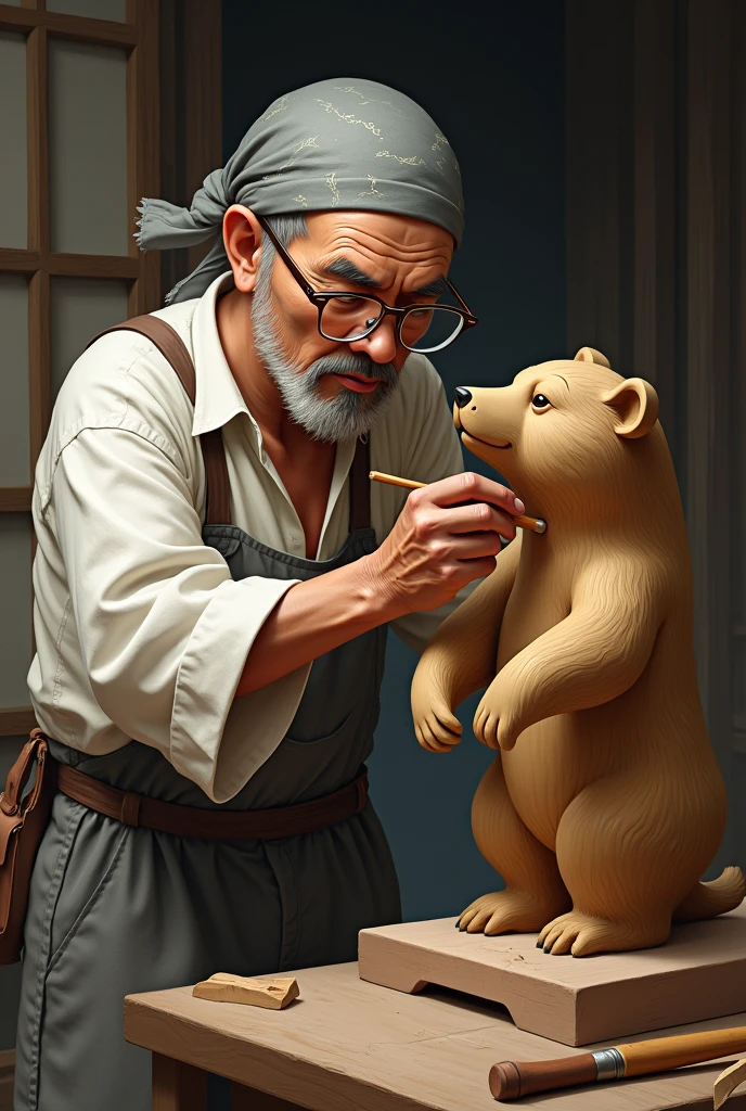 The old sculptor. Japanese, Traditional Craftsmen, White rough shirt, Rough cotton trousers, nervous face, Glasses that are about to fall off, A head towel wrapped like a pirate, concentrated, Carving work, Make a wooden carved bear that stands on all fours
