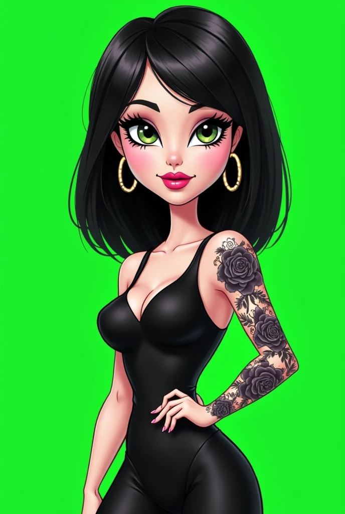 A bratz-like animation of a girl with medium black hair, White-skinned with a dot piercing on her left nose with large studs in her ears posing in evening wear with a tattoo with many black roses on her right arm on a completely green background 