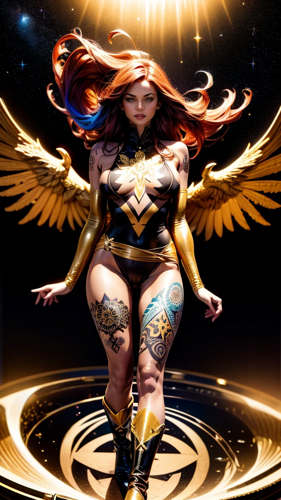 1girl, solo, Jean Grey of X-men, high leg cut out unitard of black and gold, boob window in unitard, ((thighs showing)), ((calf-high boots)), (color mandala tattoos on thighs:1.37), wings on hips, floating in space, arms out in power pose, contrapposto stance, dramatically colorful cosmic background, moody lighting, 16k, best quality, masterpiece, (wide angle:1.27), full length portrait