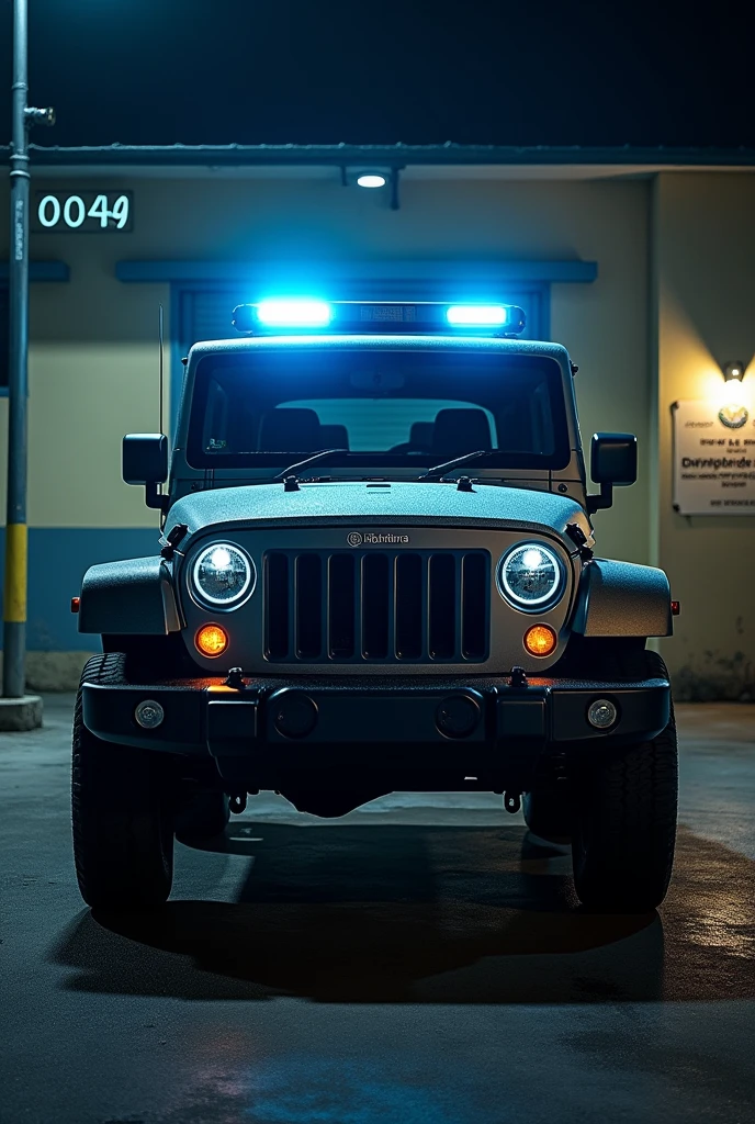 Mahindra Thar with police light on grill at night infront of a building with number plate 0049