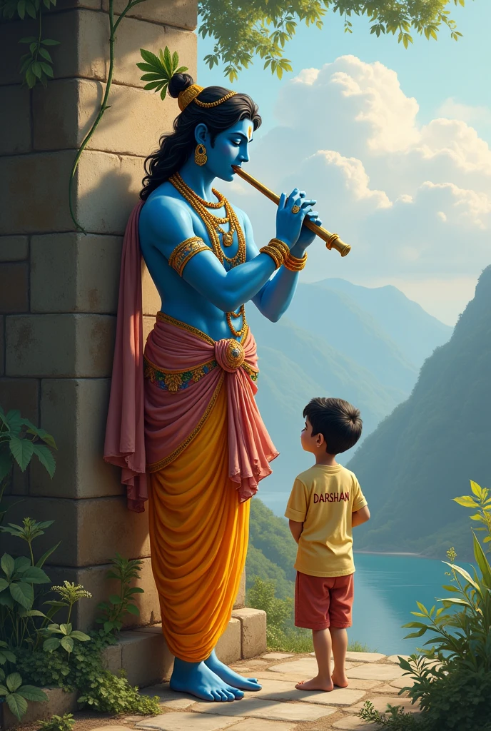 Shree krishna with playing basuri and in corner one boy stand on that boy's T-shirt write the name of darshan 