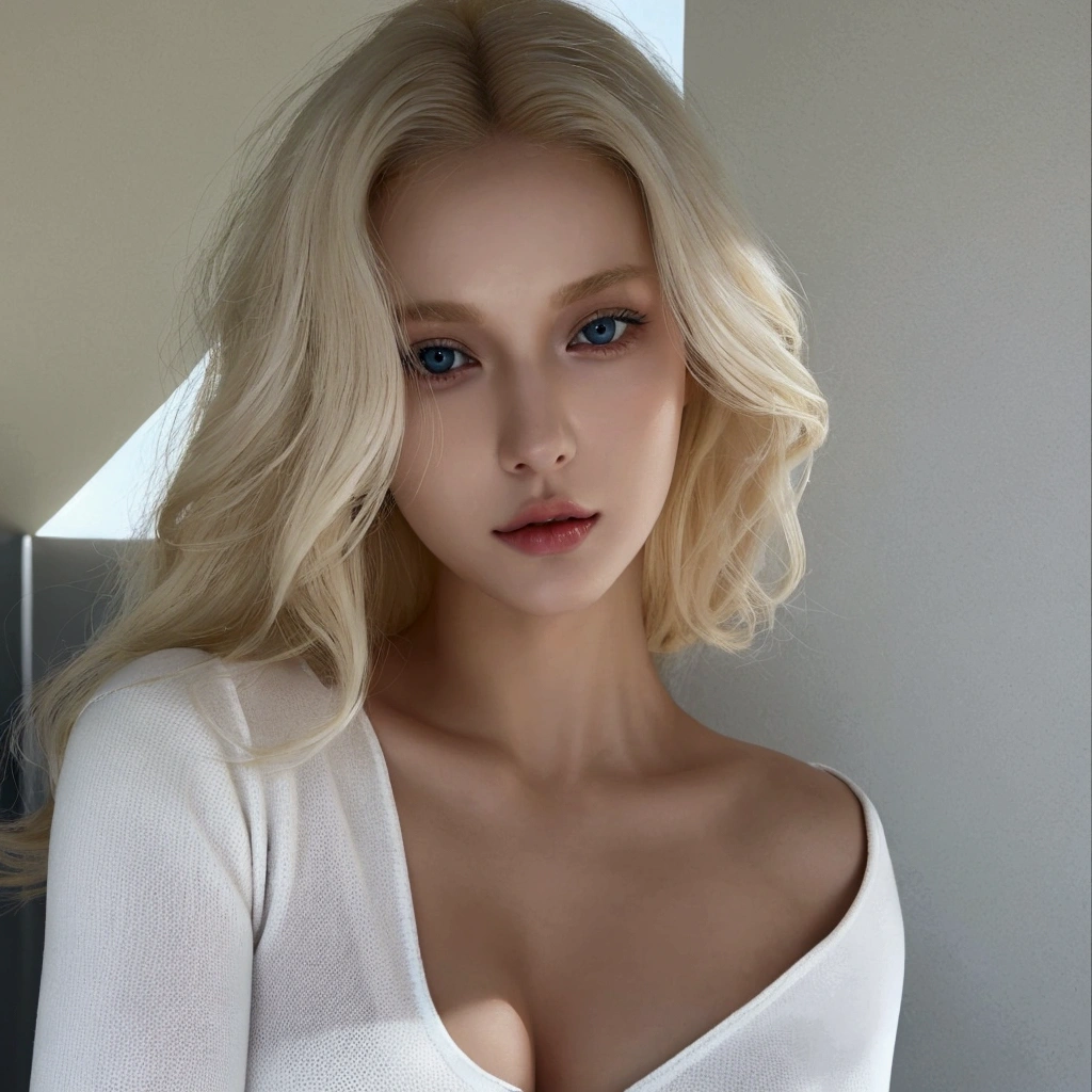 a close up of a woman with blonde hair and a white top, instagram model, yelena belova, a gorgeous blonde, a girl with blonde hair, gorgeous lady, beautiful blonde girl, blonde and attractive features, anna nikonova aka newmilky, perfect white haired girl, 1, pale skin curly blond hair, shoulder - length blonde hair