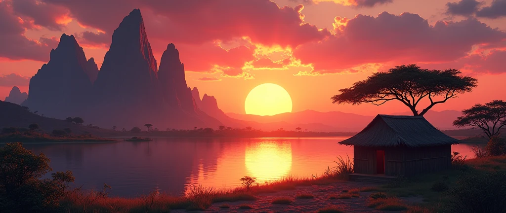 Breathtaking view of the African wilderness, beautiful sunrise over a tranquil lake, a very small African hut on one side of the scene, dramatic cinematic lighting, majestic rock formations, no animals or evil, breathtaking view, high detail, (best quality, 4k, 8k, high definition, masterpiece: 1.2), high detail, (realistic, realistic, photorealistic: 1.37), dramatic lighting, cinematic composition Pixar style close to cartoon, the land area is larger than the lake Trees and rocks Attention to precise theatrical perspective High quality on the scale of theatrical design Clear details Greek character tes the setting, D&D game. Animation style Asar African tribe