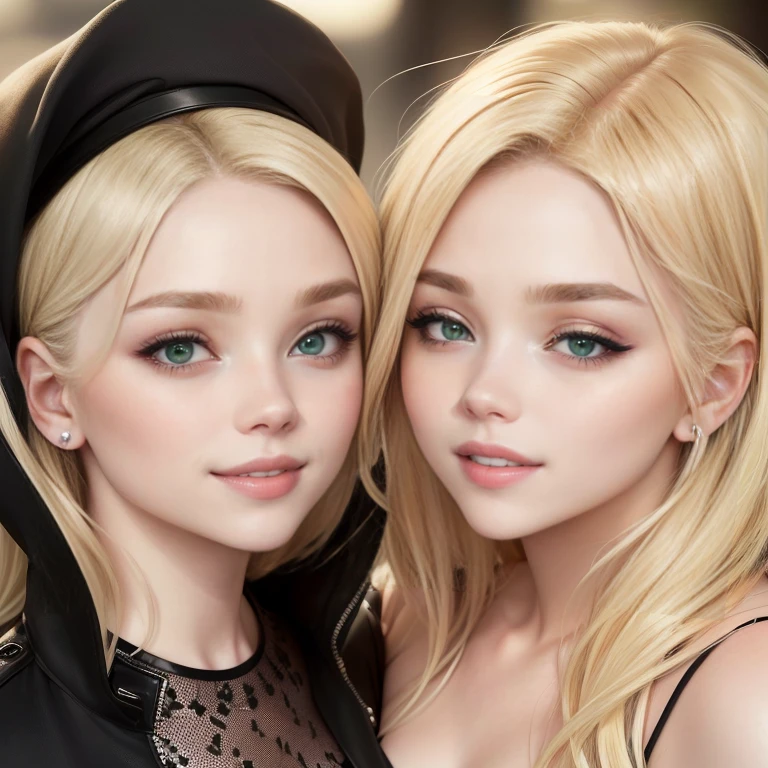 two women with blonde hair and green eyes smiling, chloë Grace Moretz, chloe Grace Moretz, face, Similar to ethereal exposé, Chloe Moretz, Grace Moretz, identical picture, Both have red lips, Молодое face, beautiful and realistic faces, young Scarlett Johansson, Scarlett Johansen, no facial features, fashion for a perfect smile