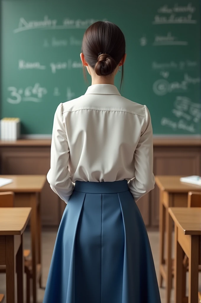 Teacher in white blouse with blue skirt from behind