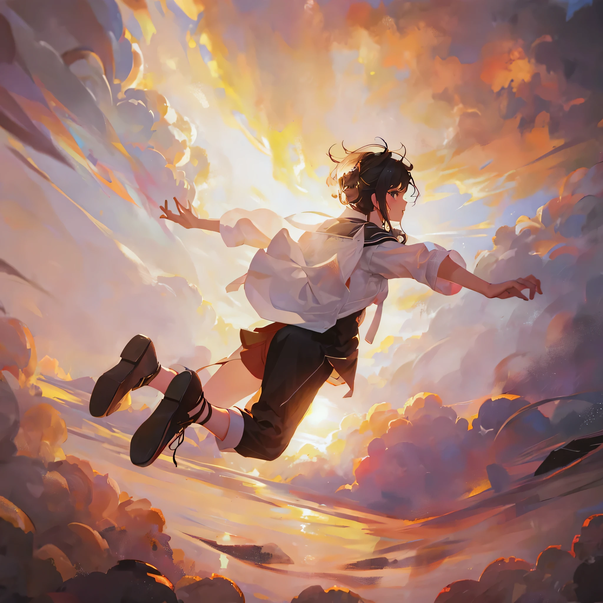 A woman's back view flying with her arms outstretched in a lying pose in the sky.