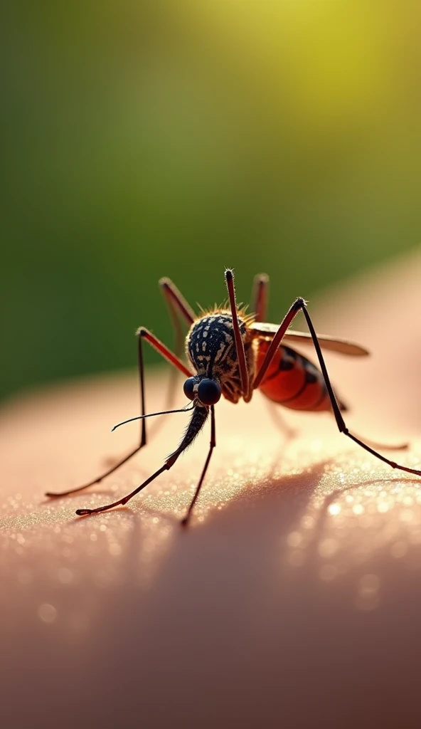"Create an image of a mosquito perched on a person's skin, preparing to bite. The background is blurred and features a bokeh effect with soft green and yellow lighting, giving a sense of nature. The mosquito is in sharp focus with intricate details on its body and wings.