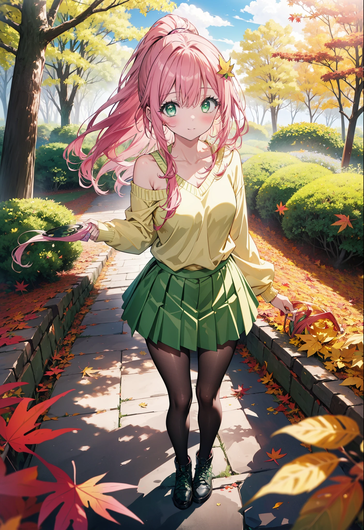 Laladevi Luke, Lara Deviluke, Long Hair, Pink Hair, tail, Ahoge, bangs, hair ornaments, (Green Eyes:1.5), smile,ponytail,Open your mouth,blush,
break demon tail, One-shoulder sweater,mini skirt,black tights, short boots,autumn leaves,autumn leavesが散っている,autumn leavesが積もっている,Daytime,Clear skies,whole bodyがイラストに入るように,
break outdoors, forest,
break looking at viewer, whole body,
break (masterpiece:1.2), Highest quality, High resolution, unity 8k wallpaper, (figure:0.8), (beautiful detailed eyes:1.6), extremely detailed face, Perfect lighting, extremely detailed CG, (Perfect hands, Perfect Anatomy),